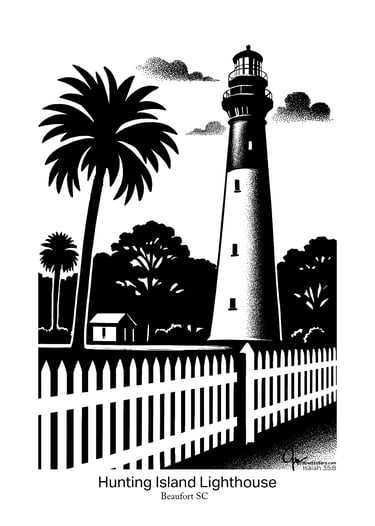 Black and white silhouette picture of Hunting Island Lightouse