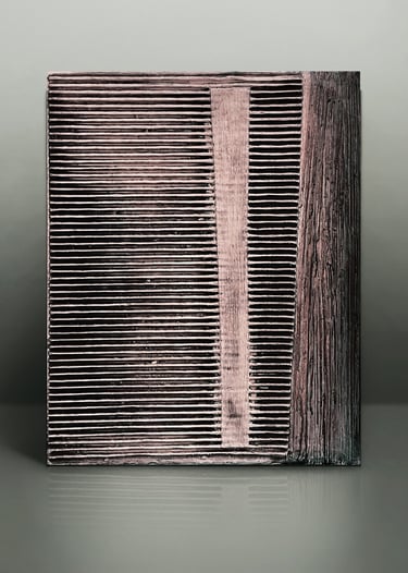 Textured abstract copper sculpture with horizontal ridges and vertical geometric patterns.