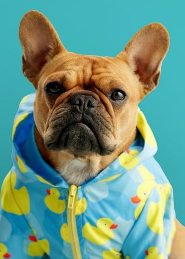 Bulldog francés marrón con impermeable azul de patitos amarillos sobre fondo verde azulado.