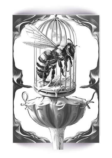 Surreal freebie coloring page of a bumblebee trapped inside a metal birdcage at