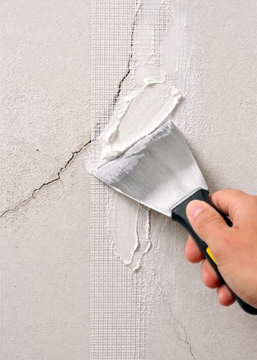 A man if fixing a crack on the wall