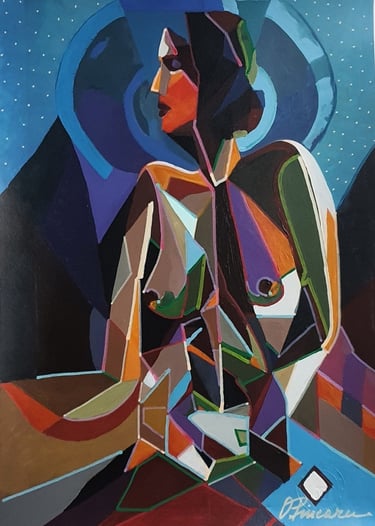 Kubistisch-figuratives Frauenprofil mit Halo vor Sternhimmel – Feminine Majestät I, 30×42 cm.