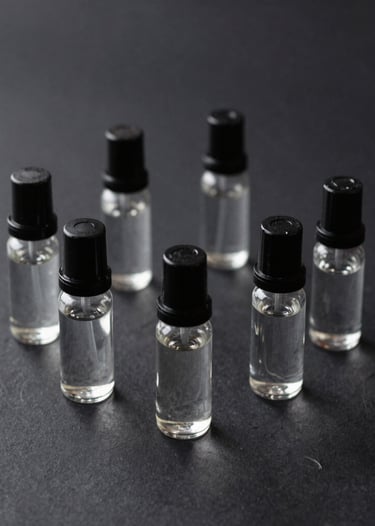 A selection of 30ml cologne decants displayed with fresh herbs and citrus fruits to hint at fragrance notes