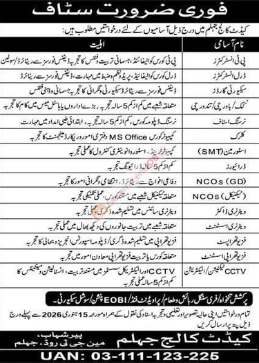 Cadet College Jhelum jobs urgent hiring PT instructor drill instructor NCO clerk driver security Jan