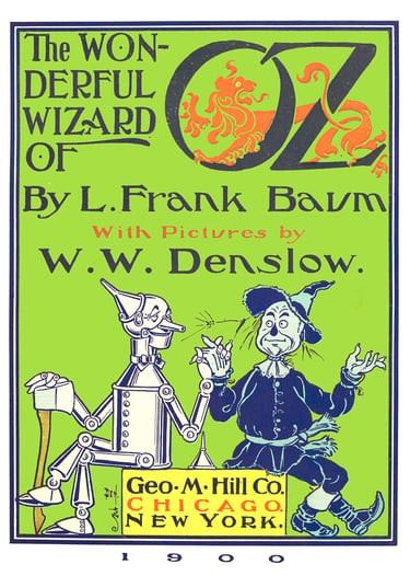 Vintage first edition book cover of The Wonderful Wizard of Oz by L. Frank Baum featuring the Tin Man and Scarecrow.