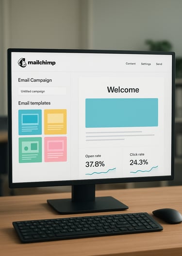 Interface-Mailchimp-mostrando-campanha-email-sendo-criada-com-templates-coloridos