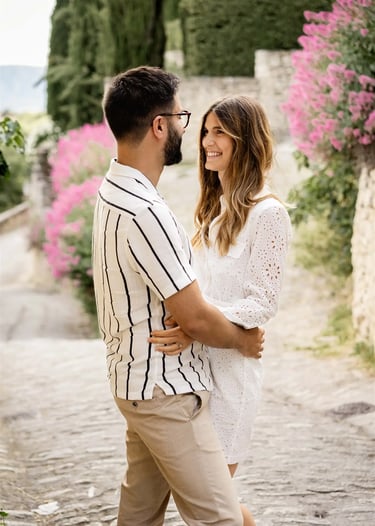 Smiling couple in a Provençal village alley with pink flowers — fine art editorial session
