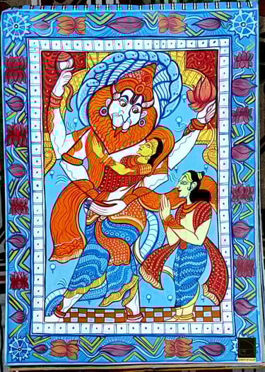pattachitra art of hindu god narsimha with his devotee prahlad and his consort lakhsmi