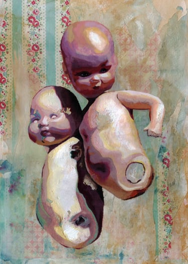 Surreal mixed media painting of vintage doll heads and torsos on a floral patterned background.