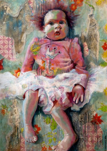 Mixed media portrait painting of a doll in a pink dress and tutu with floral patterns.