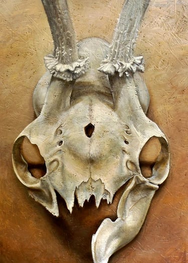 An oil painting of a shattered deer skull with shot hole and antlers on an OSB wood panel