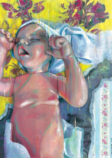 Mixed media painting of Reborn doll on yellow floral fabric with textured collage elements.