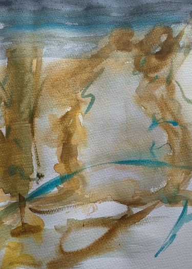 acuarela-abstracta-contemporainea-de-arte-sancho---composicioin-en-azules-turquesa-y-ocres-dorados-con-teicnica-de-lavado-hui