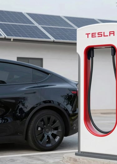An electric vehicle parked outside a modern office building surrounded by greenery.
