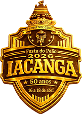 Official golden logo for the Festa do Peão 2026 in Iacanga celebrating 50 years of rodeo tradition.