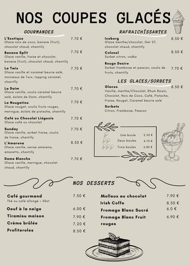 carte des desserts et glaces 