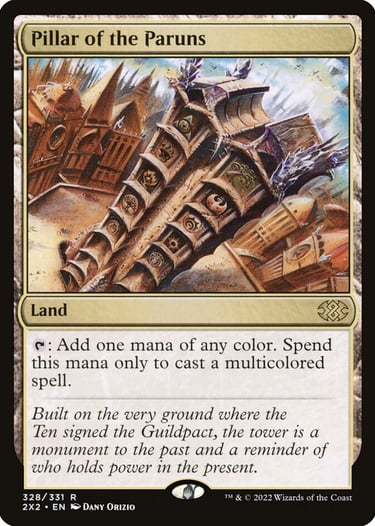Pillar of the Paruns land card from Magic: The Gathering Double Masters 2022 featuring guild symbols.