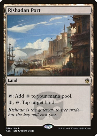 Magic: The Gathering Rishadan Port land card from the Masters 25 set featuring artwork of a busy harbor.