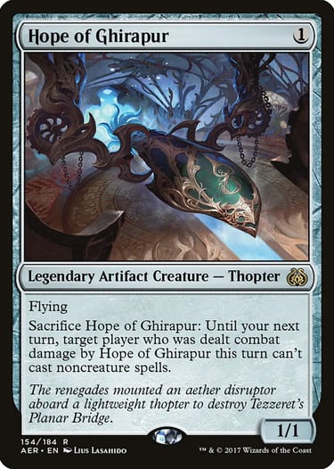 Hope of Ghirapur Magic the Gathering card featuring a golden filigree thopter flying in a workshop.
