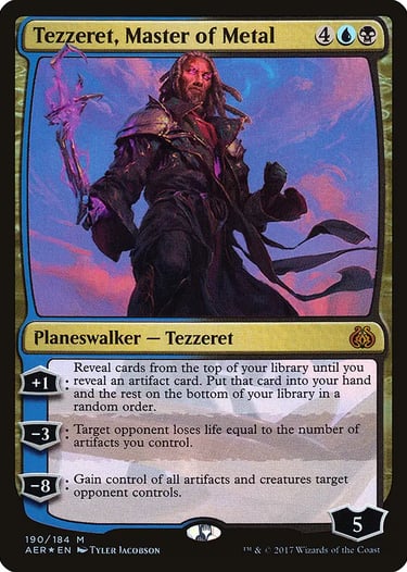 Tezzeret Master of Metal planeswalker card from Magic The Gathering Aether Revolt expansion.
