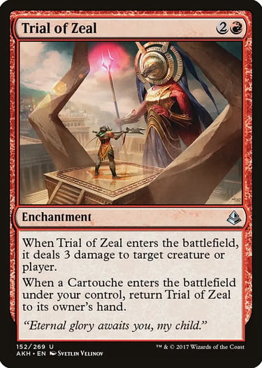 Trial of Zeal red enchantment Magic: The Gathering card featuring Hazoret the Fervent and a warrior.