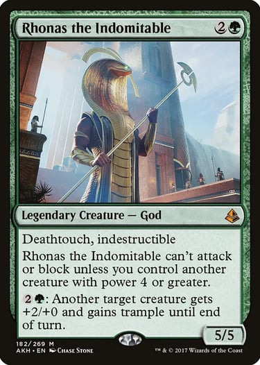 Rhonas the Indomitable Magic: The Gathering card featuring a cobra-headed Egyptian god holding a staff.