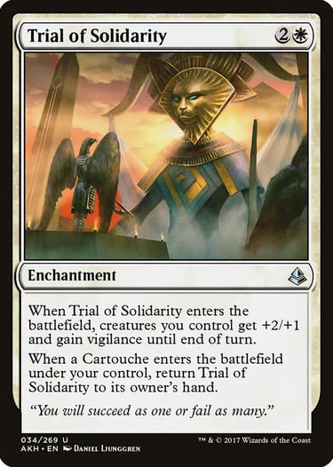 Trial of Solidarity Magic: The Gathering card featuring Oketra the True in an Egyptian desert setting.