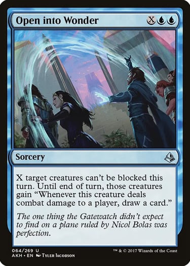 Magic: The Gathering Open into Wonder sorcery card from Amonkhet featuring blue magic and figures.