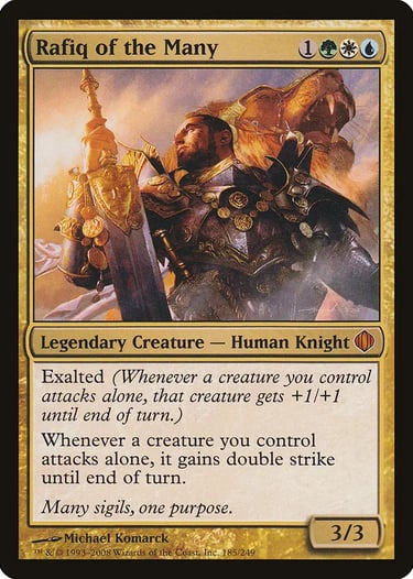 Rafiq of the Many Magic the Gathering card featuring a gold-armored Human Knight with a lion.