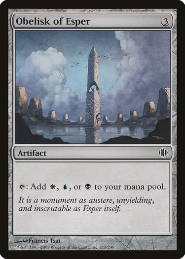 Obelisk of Esper Magic: The Gathering card featuring a stone monument artifact in a cloudy landscape.