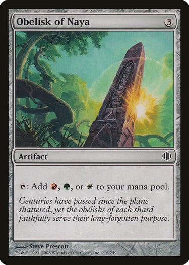 Obelisk of Naya Magic: The Gathering trading card featuring a glowing stone monument in a jungle.