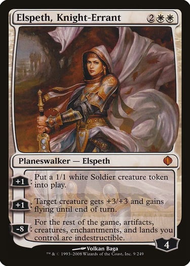 Magic the Gathering Elspeth Knight-Errant planeswalker card featuring a hooded female knight in golden armor.