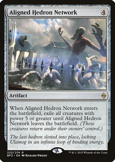Aligned Hedron Network Magic: The Gathering card featuring Ulamog trapped in a blue energy field.