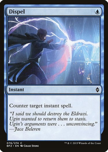 Magic: The Gathering Dispel card from Battle for Zendikar showing Jace Beleren countering a spell.