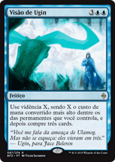 Portuguese Magic: The Gathering card Visão de Ugin showing Jace Beleren facing Ugin's spirit.