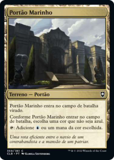 Portão Marinho Magic: The Gathering card featuring artwork of a grand stone gate with fountains and stairs.