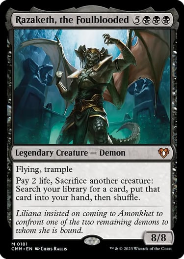 Razaketh, the Foulblooded Magic: The Gathering card featuring a powerful demon with wings and horns.