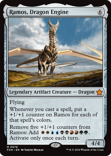 Magic: The Gathering card Ramos, Dragon Engine featuring a golden mechanical dragon in a field.