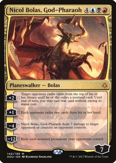 Magic: The Gathering Nicol Bolas, God-Pharaoh mythic rare planeswalker card from the Hour of Devastation set.