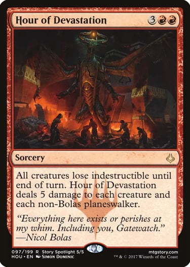Magic: The Gathering card Hour of Devastation featuring Nicol Bolas in a fiery red landscape.