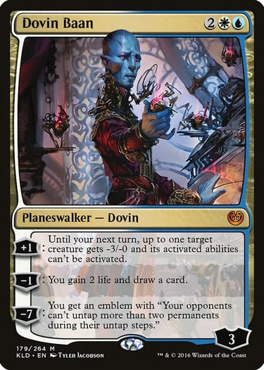 Dovin Baan Magic: The Gathering planeswalker card from the Kaladesh set with blue and white mana symbols.