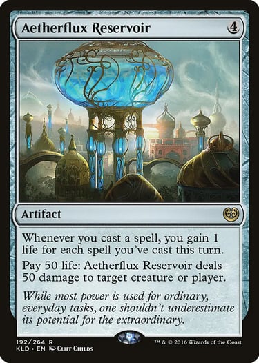 Aetherflux Reservoir Magic the Gathering card featuring a glowing blue energy tower in a Kaladesh cityscape.
