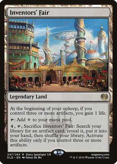 Inventors' Fair Magic: The Gathering card featuring ornate Kaladesh architecture and artifact search abilities.