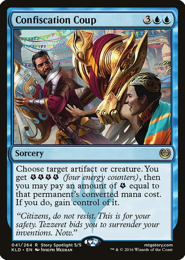Magic: The Gathering Confiscation Coup blue sorcery card featuring Kaladesh fantasy art of a seizure.