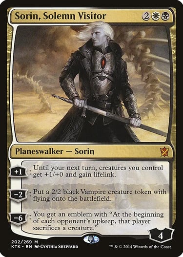 Magic the Gathering Sorin Solemn Visitor Planeswalker card with white hair and black armor.