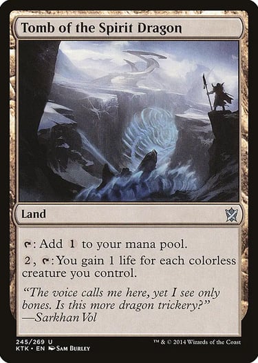 Magic: The Gathering Tomb of the Spirit Dragon land card featuring a warrior overlooking a frozen landscape.