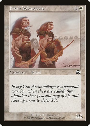 Fresh Volunteers Magic: The Gathering card featuring Cho-Arrim rebel warriors with shields.