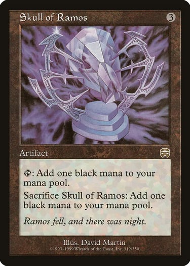 Skull of Ramos Magic the Gathering card featuring a crystal skull artifact in a dark purple energy field.