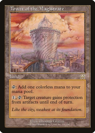 Tower of the Magistrate Magic: The Gathering card featuring a tall spiral stone tower overlooking a sunset city.