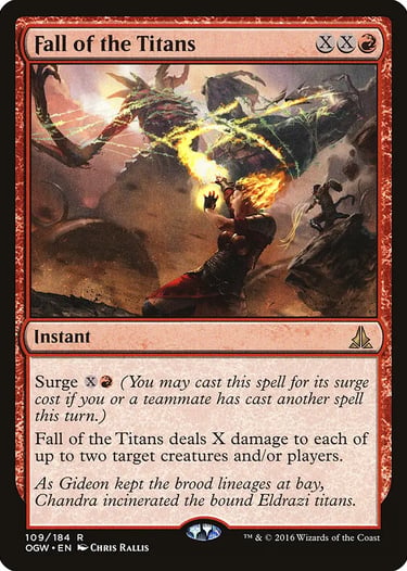 Fall of the Titans Magic: The Gathering card featuring Chandra Nalaar blasting Eldrazi with fire.